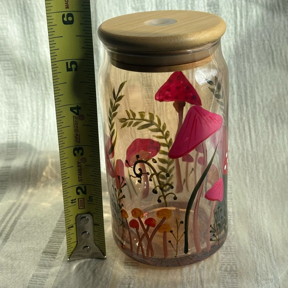 Pink Mushroom Glass Canister Jar Bamboo Lid Cottagecore